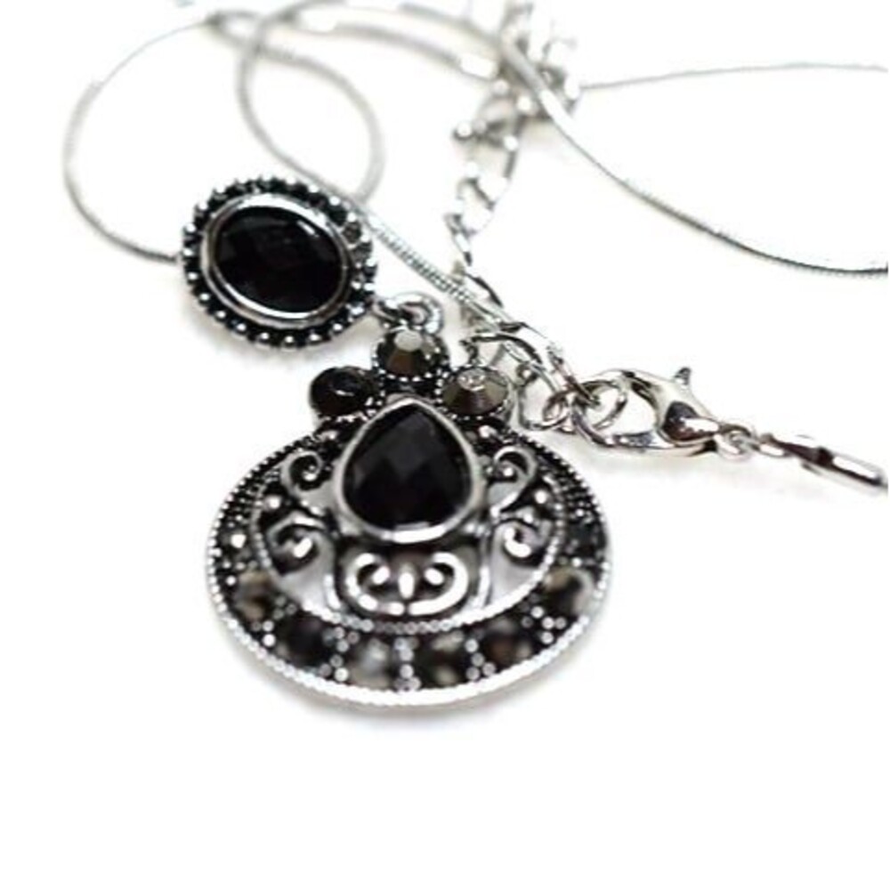 VTG Grunge Gothic Filigree Silver Tone Black Rhinestone Snake Chain 18' Necklace